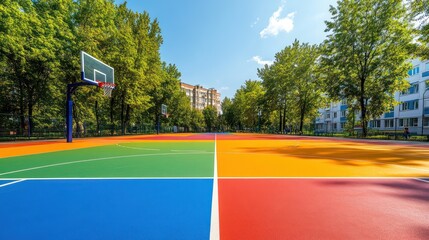Wall Mural - Colorful outdoor basketball court in park.