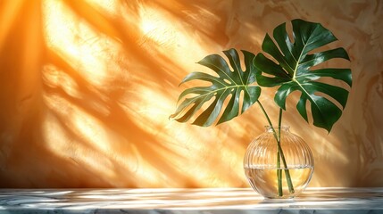 Green monstera leaves stand tall in a round glass vase filled with water, illuminated by golden sunlight filtering through, enhancing the warm ambiance of the orange backdrop.