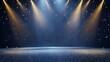 © cllareta - Sparkling stage with blue and gold spotlight beams, glitter floor.