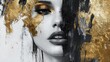 © Zavivec - A minimal yet striking abstract womans portrait, using heavy brushstrokes of gold, black, and charcoal with a white canvas, perfect for modern spaces