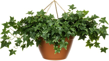 Wall Mural - Hanging ivy plant in terracotta pot, lush green foliage, white background, home decor