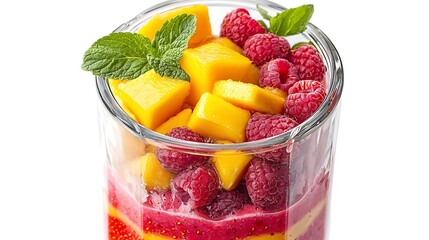 Wall Mural - Delicious mango raspberry smoothie in glass, garnished with fresh mint. Healthy breakfast recipe