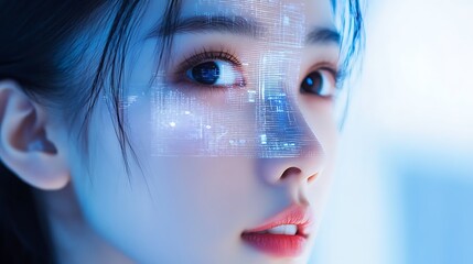 Wall Mural - Cyberpunk Woman: Digital Overlay on Face