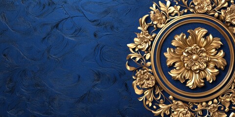 Poster - Elegant Gold Floral Ornament on Deep Blue Background Luxury Decorative Design 3D Render