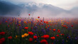© mohammad - Valley of Flowers Kashmir at dusk, golden sky illuminates the blooming wildflower fields, a small river flows in the middle of the valley with the calming reflection of the dusk light