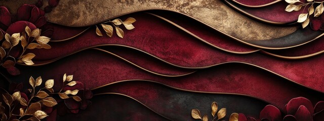 Poster - Elegant Abstract Red and Gold Layered Design with Floral Accents: A Luxurious Visual Masterpiece