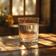 © tiger - clear glass on wooden table minimalist still life hyper-realistic natural lighting