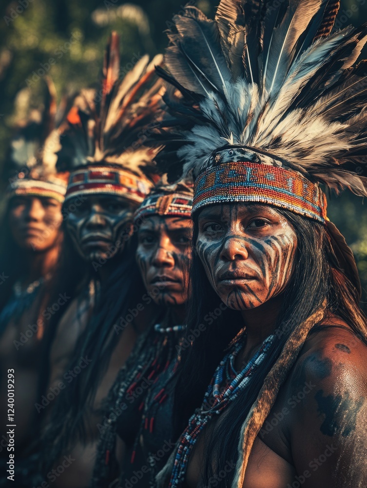Characteristic Native Stock-Illustration „Portrait of four Native American men in traditional ...