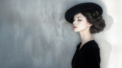 Wall Mural - Elegant woman with pale skin in three-quarter profile, vintage black hat, dark wavy hair, minimalist gray background. Classic fashion, serene expression, artistic, sophisticated and timeless style.