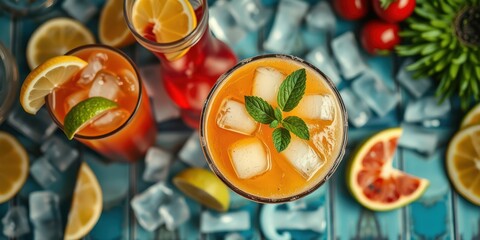 Colorful summer cocktails with fresh fruits and ice on a vibrant blue surface in a sunny setting