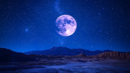 Wall Mural - pink supermoon over mountains: a breathtaking full moon, bathed in a mystical pink hue, dominates th