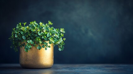 Wall Mural - Lush green plant in gold pot, dark background, home decor, blog post