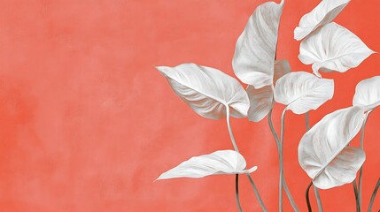 Canvas Print - White tropical leaves on coral background.