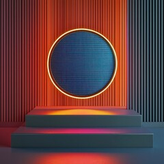 Wall Mural - In a reflective modern 3D setup, electric neon stitches illuminate a floating circular embroidered patch mockup.