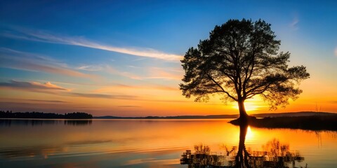 Wall Mural - Tree silhouette on lake shore at sunset, outdoors, woods,  outdoors, woods, day,trees, scenery, landscape, lake shore