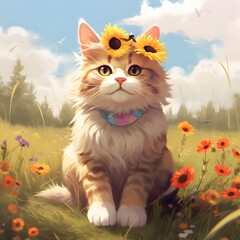 Poster - A cheerful cartoon cat with a delicate flower crown sits peacefully in a sunny verdant field radiating a sense of tranquility and delight