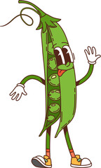 Wall Mural - Cartoon groovy green pea vegetable character cheerfully waving, displaying juicy grains inside of the open pod. Isolated vector playful veg personage wearing sneakers, conveys y2k healthy eating vibe