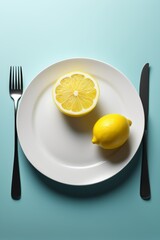 Wall Mural - there is a plate with a lemon and a fork on it