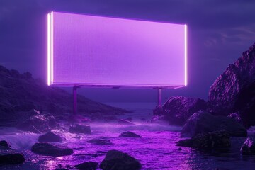 Wall Mural - Gentle hovering of a pentagonal glass billboard with rotating violet neon lights above glowing stones in rippling water.