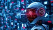 © KaiTong - Futuristic cyborg robot with a glowing digital interface surrounded by abstract neon lights symbolizing intelligence high tech innovation and advanced data analytics in a sci fi concept