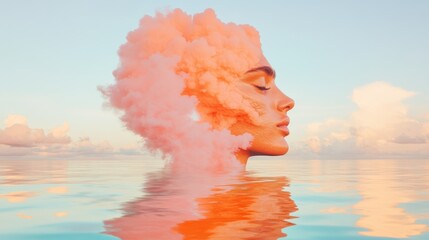 Canvas Print - Serene woman's profile merges with a dreamy pink cloud, reflecting in tranquil water. Peaceful, ethereal beauty.