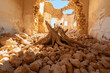 © senadesign - Crumbled walls and ancient tree roots create a haunting atmosphere in a deserted building in a remote desert location