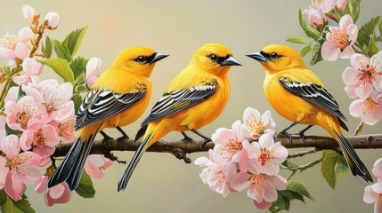 Naklejka na meble Vibrant Yellow Birds Perched Among Delicate Pink Cherry Blossoms