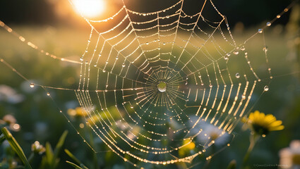 A close-up of a delicate spider web adorned with countless tiny dewdrops