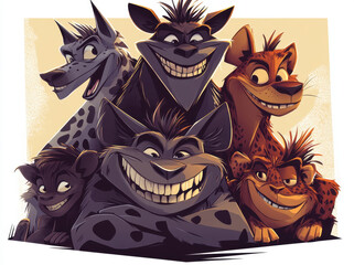 group of cartoon hyenas with playful expressions, showcasing their unique patterns and colors. characters are depicted in fun and vibrant style, emphasizing their mischievous nature