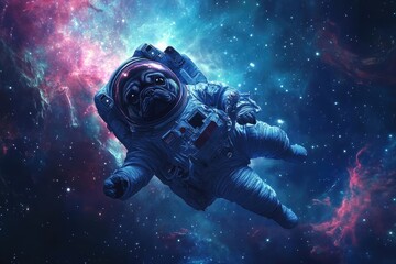 Wall Mural - whimsical pug in cosmic astronaut suit floating through starry space