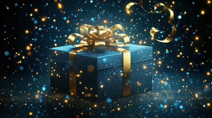 Wall Mural - Sparkling blue gift box with gold ribbon.