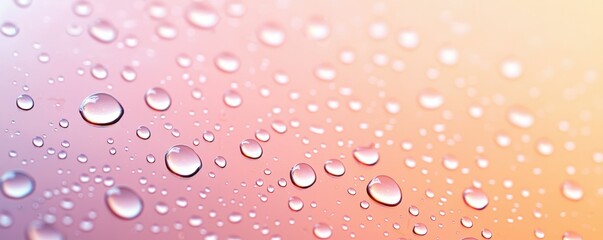 A close-up of water droplets on a colorful, blurred background, showcasing a soft gradient from pink to yellow.