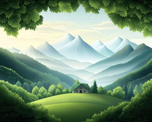 Wall Mural - Serene Landscape with Mountains and Cottage in Nature