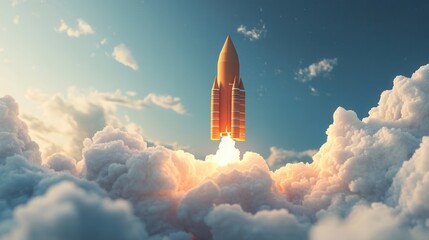 Wall Mural - Paper rocket chart soaring through clouds, symbolizing growth and innovation in a vibrant and imaginative landscape.