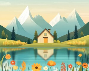 Poster - Serene Mountain Landscape with Peaceful House