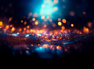 Wall Mural - vibrant, glowing particles float on a dark, reflective surface. shimmering lights create a dreamy, e
