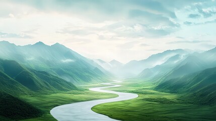 Wall Mural - serene river flowing through lush green valley landscape
