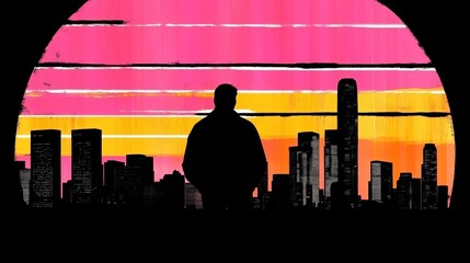 Wall Mural - Silhouette of a man against a vibrant sunset cityscape.  Bold colors and retro style.