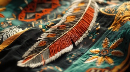 Bohemian Embroidery Design with Feathers and Tribal Patterns, rich textures, earthy colors, artistic flair, cultural inspiration, intricate details