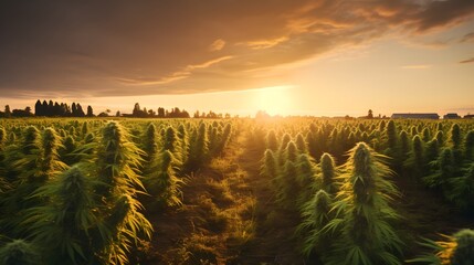 Poster - Stunning landscape of a thriving cannabis field blanketed in warm golden sunset light  The verdant plants sway gently creating a serene and picturesque scene