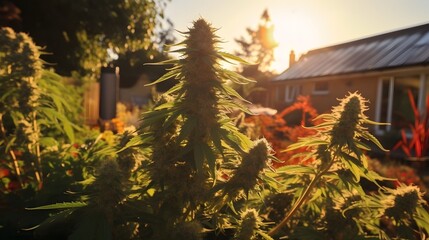 Poster - Close up of a hand gently holding a vibrant green cannabis leaf against the backdrop of a blurred verdant outdoor garden  The image represents the natural