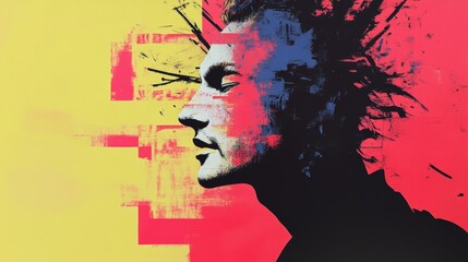 Poster - Abstract portrait of a young man, profile view, bold colors, grunge style.