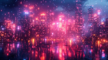 Futuristic Cityscape Night Vision with Cyberpunk Aesthetic and Interconnected Data Networks in 3D