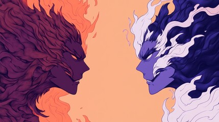 Sticker - Fierce confrontation between two stylized figures, one in fiery orange and purple, the other in cool blues and whites. Intense expressions and dynamic forms.