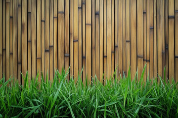 Green grass in front of a textured bamboo wooden fence, rustic natural background