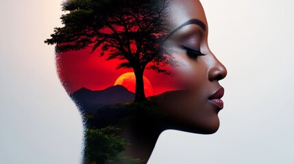 Wall Mural - Inner Landscape: A Woman's Silhouette Merged with a Fiery Sunset and Majestic Tree