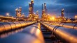 © Marius - Night Scene of an Illuminated Oil Refinery with Pipes and Towers Under Dramatic Sky