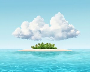 Wall Mural - tropical island with lush palm trees and soft clouds