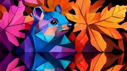 Sticker - Geometric chipmunk amidst vibrant autumn leaves. Low-poly art style.