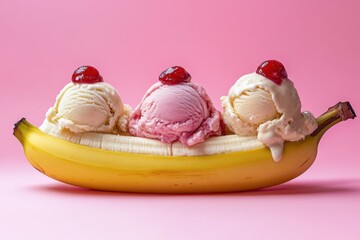 Wall Mural - Banana Split Ice Cream Delight Featuring Three Scoops